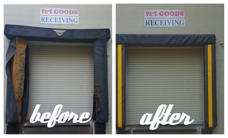 top 2 sealing systems for overhead loading dock doors & gates,  loading dock inc pet goods recieving area dock seal service by loading dock, inc. before and after service photos