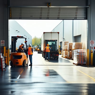 The image depicts a bustling loading dock at a commercial facility during the transition from spring to summer Bright sunlight streams down illuminating heavyduty commercial garage doors that are partially open revealing a busy interior filled with p-1