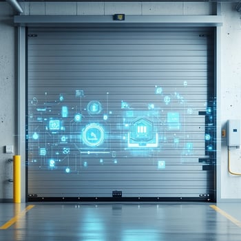 The image depicts businesses increasingly turning to smart door technology in overhead commercial doors Sensors IoT integration and remote access not only improve efficiencythey also alert you to problems before they become hazards