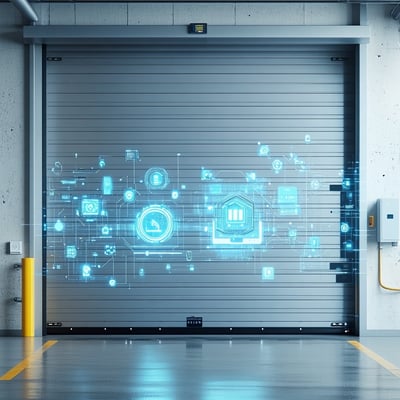 The image depicts businesses increasingly turning to smart door technology in overhead commercial doors Sensors IoT integration and remote access not only improve efficiencythey also alert you to problems before they become hazards