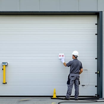 The image shows a worker ensuring that autoreverse sensors manual release cords and emergency stop functions are working correctly on their warehouse commercial garage doors-1