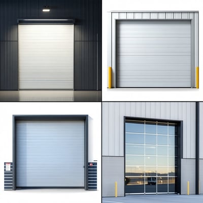a collage of a sectional steel door a high speed door a service rolling door and a full view aluminum glass door