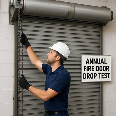 a technician performing an annual fire door drop test on a rolling door-1