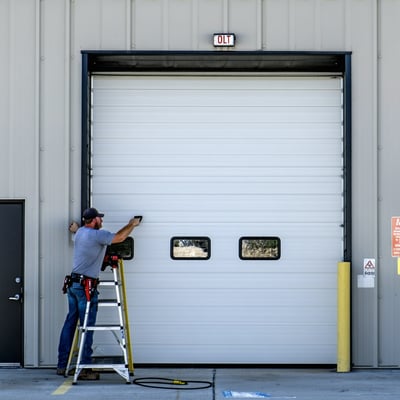 show a tech from loading dock inc installing a new commercial garage door